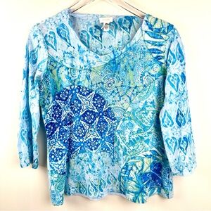 Chico's Blue Green 3/4 Sleeve Top with Sequence Detail